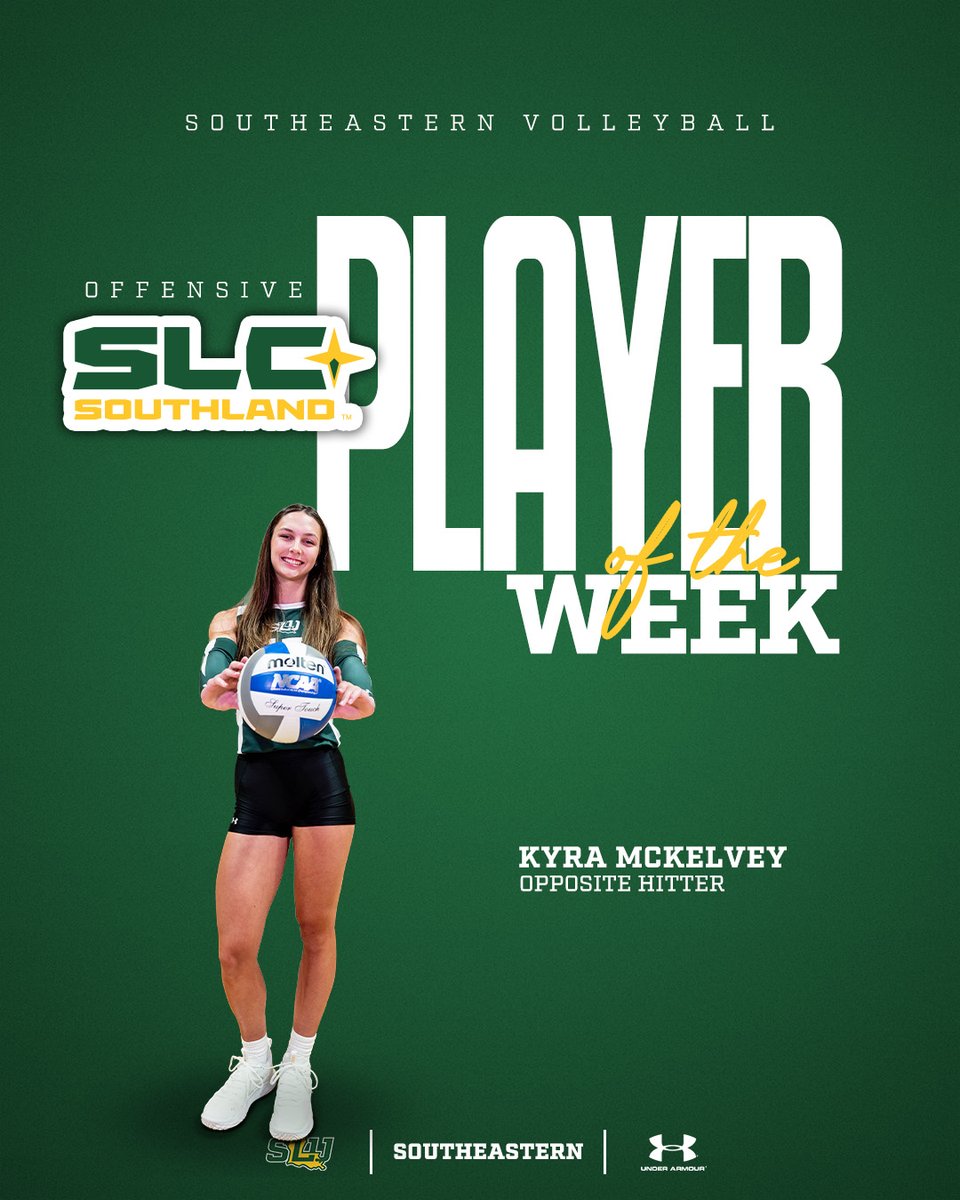 Congratulations to Kyra McKelvey for being named <a href="/SouthlandSports/">Southland Conference</a> Offensive Player of the Week | McKelvey averaged 5.00 kills per set and hit .431 in wins over UIW and HCU

#LionUp | #LionUpOrLeave