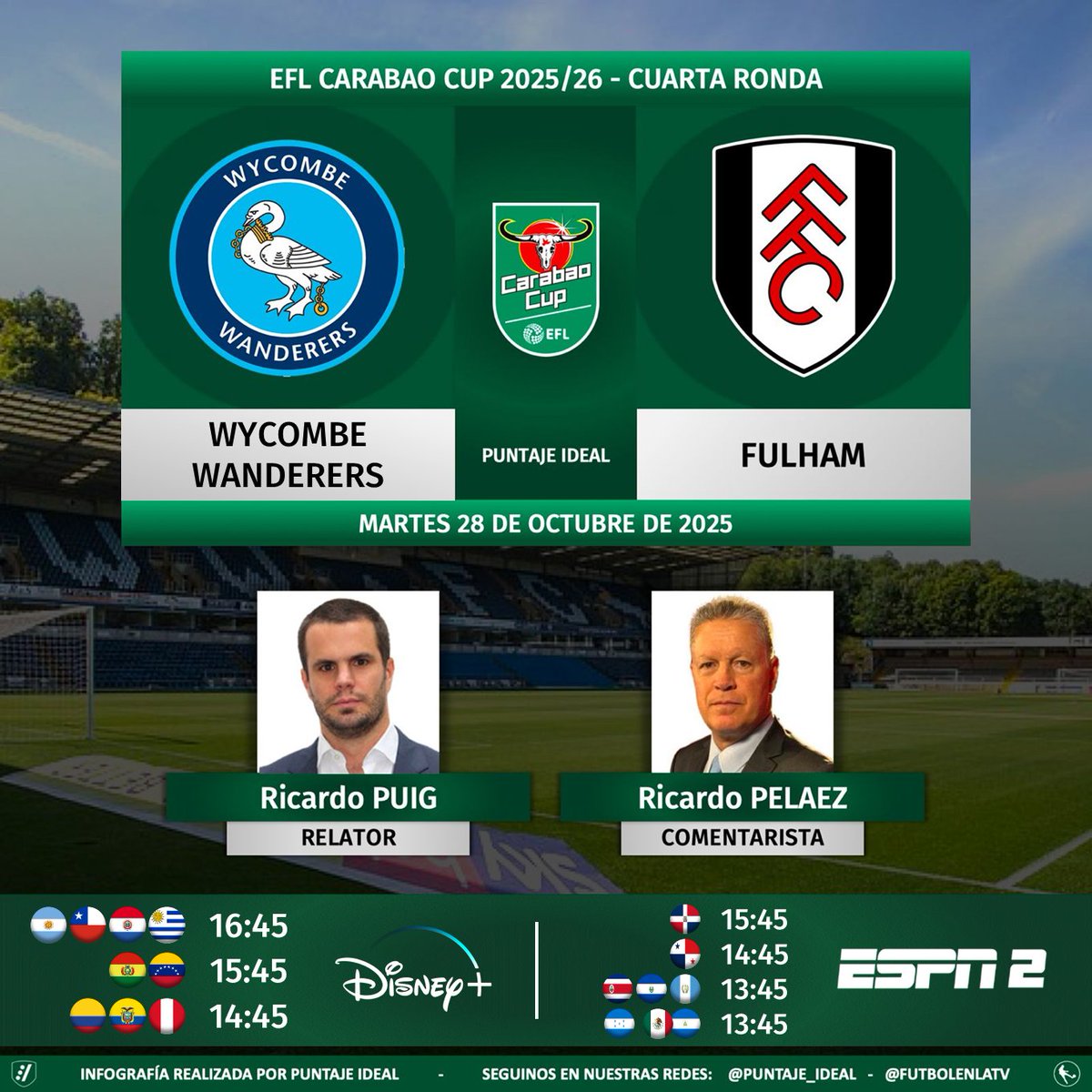⚽ #CarabaoCup 🏴󠁧󠁢󠁥󠁮󠁧󠁿 | #WycombeWanderers vs. #Fulham   
🎙 Relator: <a href="/puig_ricardo/">Ricardo Puig</a>
🎙 Comentarista: <a href="/RPELAEZ9/">Ricardo Peláez L</a> 
📺 #ESPN2 Centroamérica y México 🇲🇽
💻📱 <a href="/disneyplusla/">Disney+ Latinoamérica</a> Latinoamérica
🤳 #FUTBOLxESPN  
Dale RT 🔃
