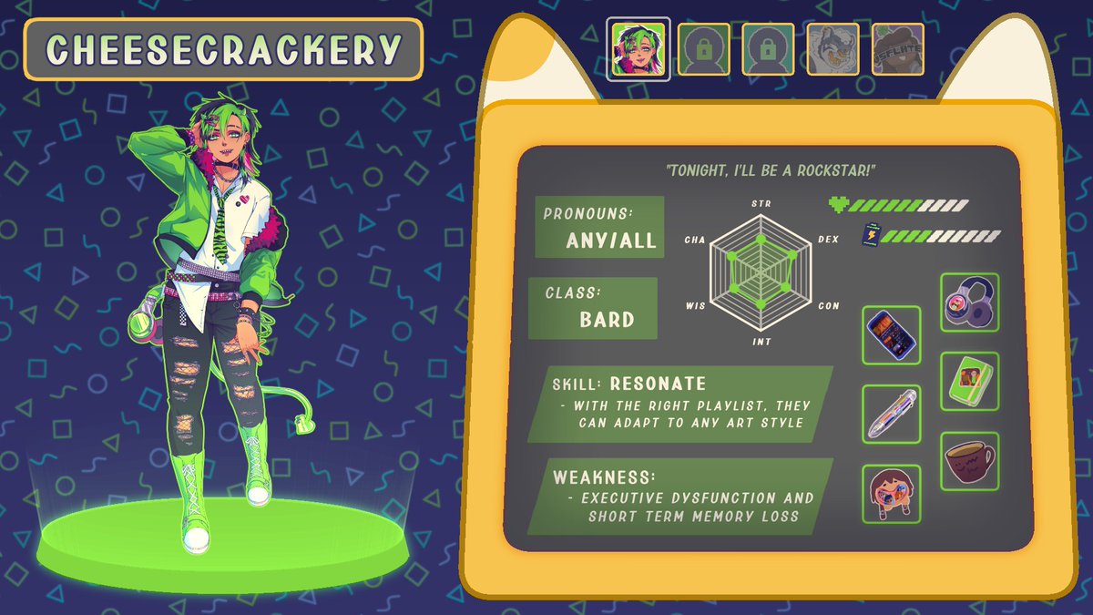 sparkade_team's tweet photo. 【CHOOSE YOUR CHARACTER】

⊲ CheeseCrackery ⊳
       ⤷ "Tonight, I'll be a ROCKSTAR!"

Color Code: 83D840
Pronouns: ANY/ALL
Class: BARD
Sparkler Stamp: 🧀 https://t.co/0M0BdOXGQn