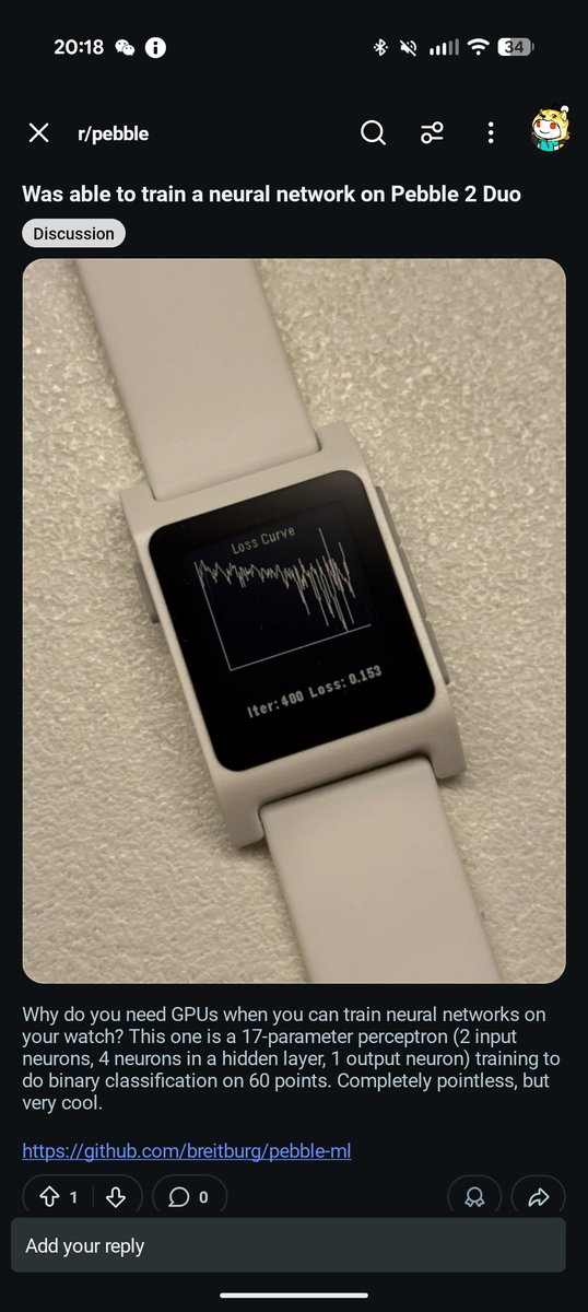 Eric Migicovsky (@ericmigi) on Twitter photo Of course someone is training a neural nets on their new <a href="/Pebble/">Pebble</a> 2 Duo... Of course someone is training a neural nets on their new <a href="/Pebble/">Pebble</a> 2 Duo...