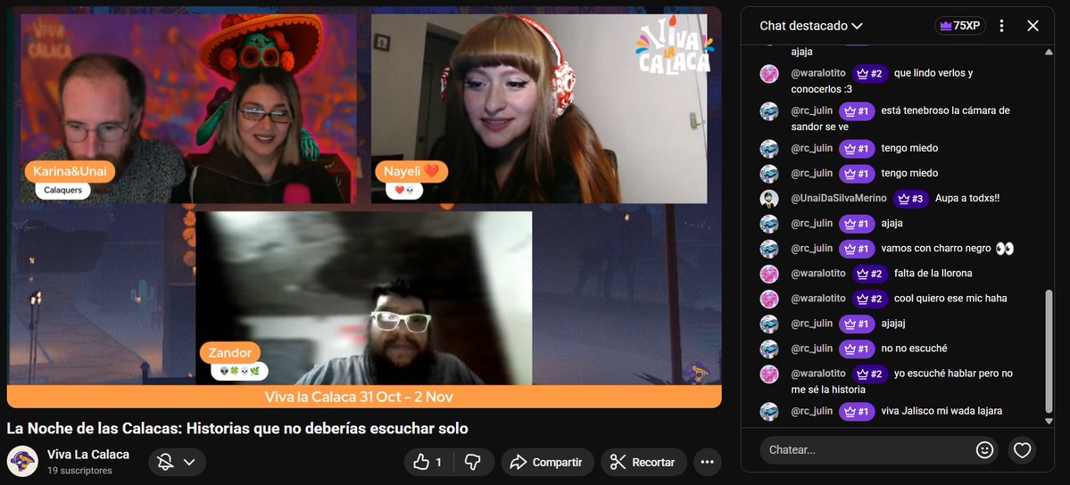 Hoy es día de historias de terror wuuu 👻 

Ahora seguimos con los cuentos que nos tienen los chicos de <a href="/VivaLaCalaca/">Viva La Calaca 🏵️💀🏵️</a> uy que miedo! 😱

Saludos chicos! que lindo conocerlos <a href="/karina_ldg/">Karina Ladrón de Guevara 🚀i2C (🌼💀🌼)</a>, <a href="/unai2Create/">Unai.dcl.eth 🚀 i2C</a>, <a href="/isnayelivargas/">Nayeli Vargas🦇</a> y <a href="/ZandorIArtist/">Zandor a.k.a. Guillermo MT</a>