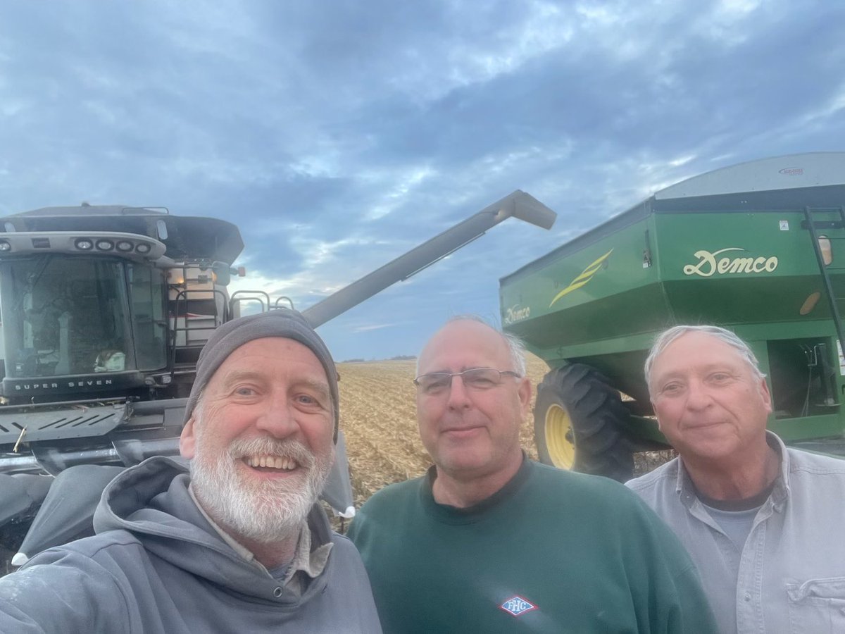 Finished corn today….   My harvest crew…calling themselves the 3 amigos i guess..
Young man to the right is my combine guy and has been doing it for nearly 60 years!!!
The other two…well with good instructions they are fine!
Really appreciate good help!!!!
Fun harvest #blessed