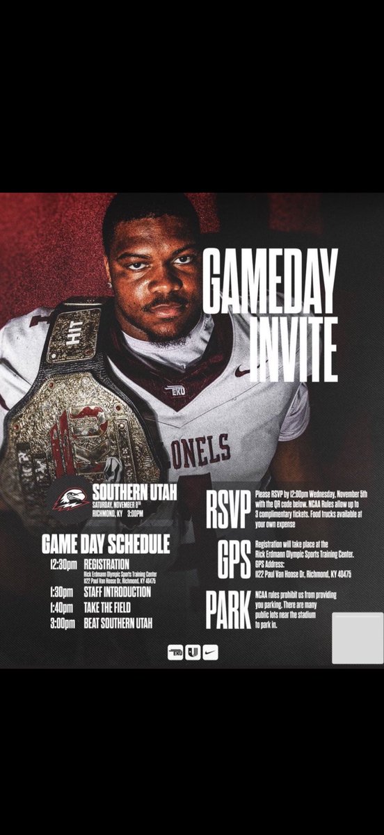 Thank you for the GameDay invite! #E2W 
<a href="/kalvinryan_eku/">Kalvin Ryan</a> <a href="/jaxegan_eku/">Jax Egan</a> <a href="/Cox83Caleb/">Caleb Cox</a> <a href="/CoachWatson9/">RASHAD WATSON</a> <a href="/Coach_McClurg/">Josh McClurg</a> <a href="/IamJalenBurbage/">Jalen Burbage</a> <a href="/EKUWWells/">Walt Wells</a> <a href="/Coach__Jake/">Jake Johnson</a> <a href="/coacharichman/">Andy Richman</a> <a href="/CoachDerekDay/">Derek Day</a> <a href="/MikeDDietzel1/">CoachDietz</a> <a href="/Maxwe11EKU/">Maxwell Smith</a> <a href="/CoachRav/">Eric Ravellette</a> <a href="/dltough_8/">Dayton LeBlanc</a> <a href="/Coach_IMcClain/">Isaac McClain</a> <a href="/JJBRANHAM06/">JJ Branham</a> <a href="/dbrez/">Dan Berezowitz</a> <a href="/EKUFootball/">EKU Football</a>