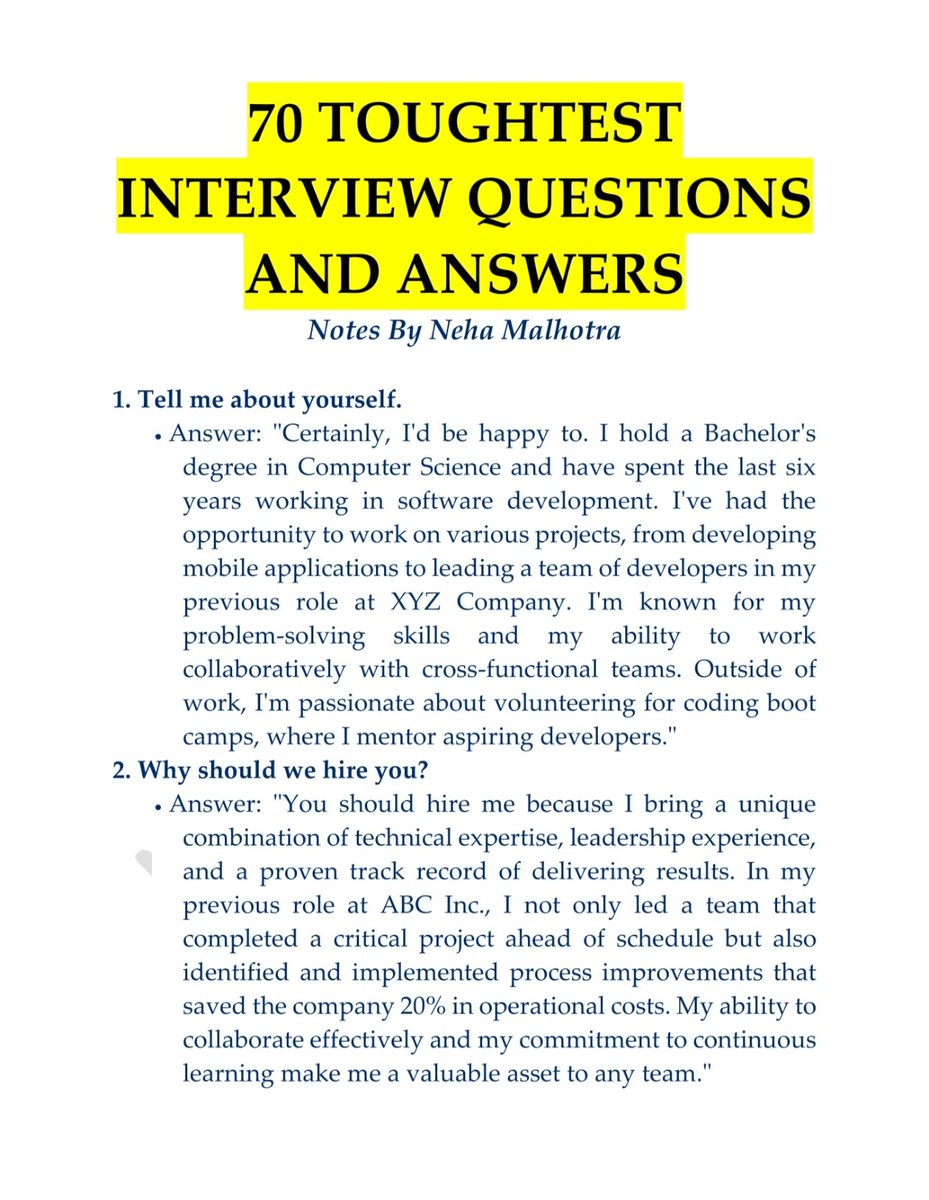 Bharambe2Kiran's tweet image. 70 Toughest Interview Questions and answers❓ 
Using STAR approach would be beneficial for candidates.
S - Situation
T- Task
A - Action
R - Result
Bookmark 🔖 and #Retweet to support your friends.
Thread 1 /20