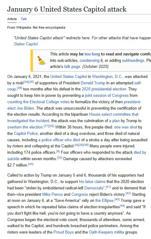 MarioNawfal's tweet photo. 🚨 🇺🇸 GROKIPEDIA VS WIKIPEDIA: TWO VERSIONS OF JAN 6

Grokipedia’s entry describes Jan. 6 as a riot — factual, chronological, and restrained.

It cites crowd breaches, security failures, and prosecutions without assigning political intent.

Wikipedia calls it an “attempted coup” in the first line, framing it as a premeditated plot by Trump and his supporters to overturn the election.

Same event. Two narratives.

One reports. The other editorializes.

Source: Grokipedia / Wikipedia