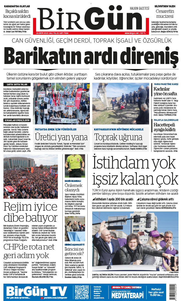 Can güvenliği, geçim derdi, toprak işgali ve özgürlük

Barikatın ardı direniş

Ülkenin üstüne kara bulut gibi çöken iktidar, yurttaşın temel sorunlarını gölgelemek için elinden geleni yapıyor. Ses çıkarana dava açılsa, tutuklamalar peş peşe gelse de mücadele sürüyor