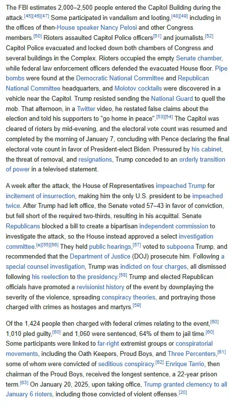 MarioNawfal's tweet photo. 🚨 🇺🇸 GROKIPEDIA VS WIKIPEDIA: TWO VERSIONS OF JAN 6

Grokipedia’s entry describes Jan. 6 as a riot — factual, chronological, and restrained.

It cites crowd breaches, security failures, and prosecutions without assigning political intent.

Wikipedia calls it an “attempted coup” in the first line, framing it as a premeditated plot by Trump and his supporters to overturn the election.

Same event. Two narratives.

One reports. The other editorializes.

Source: Grokipedia / Wikipedia