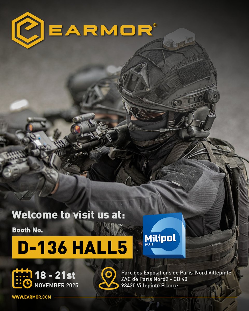 OPSMENTECH's tweet image. Gear up for Milipol Paris 2025! 📷
Join Earmor at Booth D-136, Hall 5.
📷 Paris Nord Villepinte Exhibition Centre
📷 November 18–21, 2025
Let’s connect, exchange ideas! See you on the ground, operators. 📷
#Earmor #MilipolParis2025 #TacticalGear #HearingProtection #selfdefense