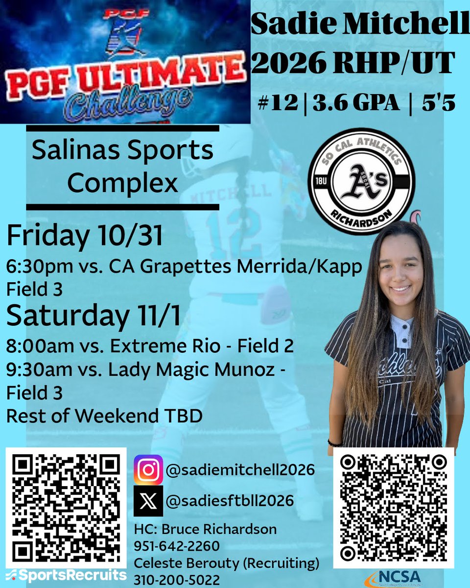 Ready for the <a href="/PGFnetwork/">PGF</a> Ultimate Challenge this weekend with my <a href="/SCAs_Richardson/">So Cal Athletics Richardson</a> team!

<a href="/DirectRecruits/">Direct Recruits</a> <a href="/CoastRecruitsSB/">Coast Recruits 🥎</a> <a href="/CoastRecruits/">Coast 2 Coast Recruits</a> <a href="/TopPreps/">TOP PREPS - Free Sports News, Videos & Information</a> <a href="/ocvarsityguy/">Dan Albano</a> <a href="/Sports_Recruits/">SportsRecruits</a> <a href="/NCSA_Softball/">NCSA Softball</a> <a href="/CoachShinn7/">Cheri Shinn</a> <a href="/coachalyssarazo/">Alyssa Razo</a> <a href="/PHmechanics/">PowerhouseMechanics</a> <a href="/SoftballHome/">Softball Home</a> <a href="/LineDsoftball/">Line Drive Media</a> <a href="/ExtraInningSB/">EXTRA INNING SOFTBALL</a>