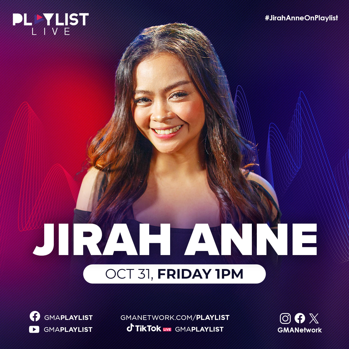 Catch GMA Playlist Jirah Anne on this Friday's GMA Playlist LIVE!

Get to know this singing diva's vocals this Friday, Oct 31, at 1pm. 🎵 

#JirahAnneOnPlaylist #JirahAnne #GMAPlaylist