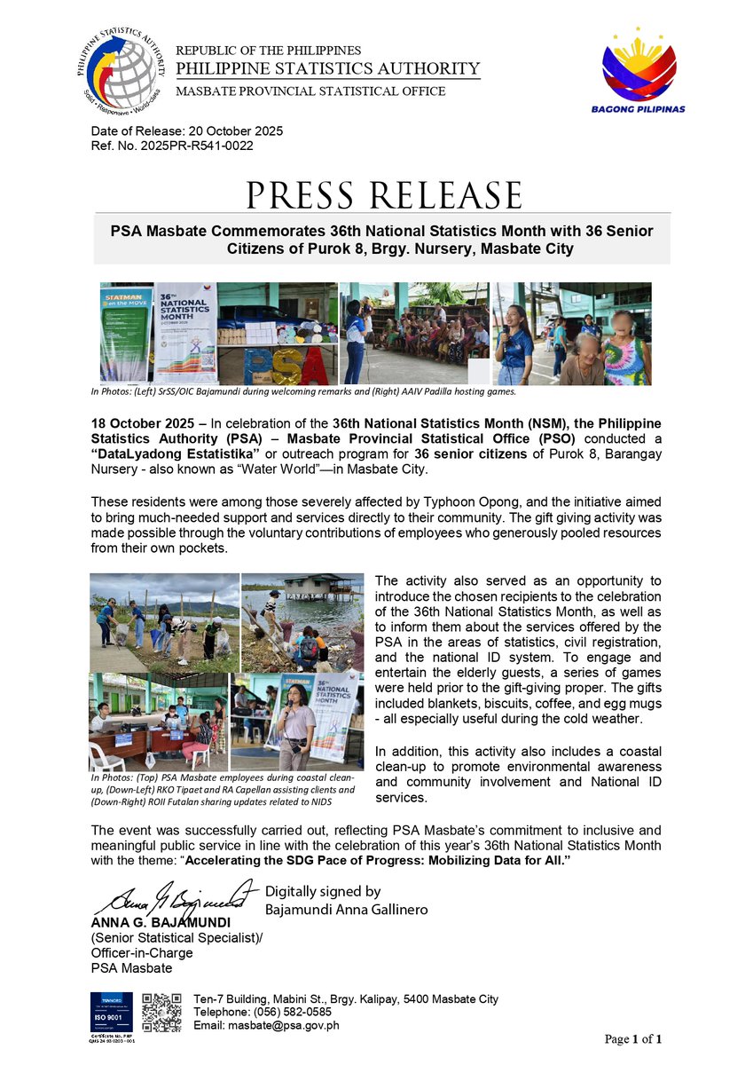 PSAMasbate's tweet image. [𝐏𝐫𝐞𝐬𝐬 𝐑𝐞𝐥𝐞𝐚𝐬𝐞] PSA Masbate Commemorates 36th National Statistics Month with 36 Senior Citizens of Purok 8, Brgy. Nursery, Masbate City  

Reference No. 2025PR-R541-0022

#PSAMasbate
#StatsForAll
#36thNSM