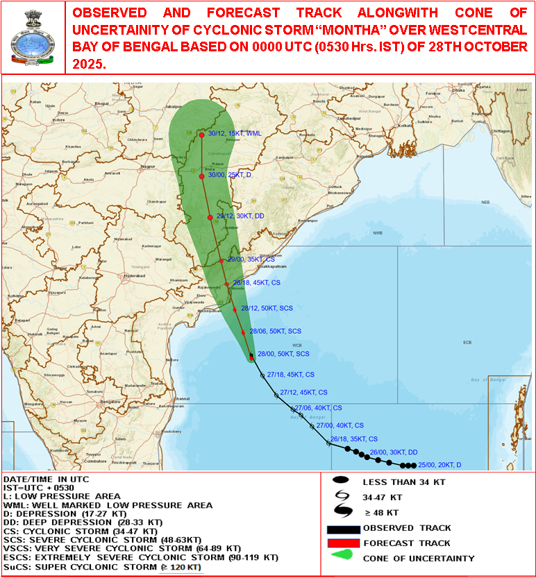 (A) Severe Cyclonic Storm “Montha” [Pronunciation: Mon-Tha] over Westcentral Bay of Bengal
The Cyclonic Storm “Montha” [Pronunciation: Mon-Tha] over westcentral Bay of Bengal moved north-northwestwards with a speed of 15 kmph during past 6 hours, intensified into a severe