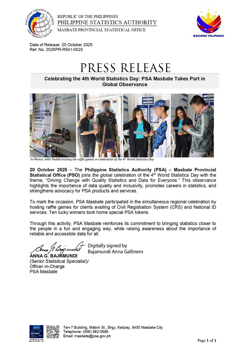PSAMasbate's tweet image. [𝐏𝐫𝐞𝐬𝐬 𝐑𝐞𝐥𝐞𝐚𝐬𝐞] Celebrating the 4th World Statistics Day: PSA Masbate Takes Part in 
Global Observance

Reference No. 2025PR-R541-0023

#PSAMasbate 
#StatsForAll 
#36thNSM