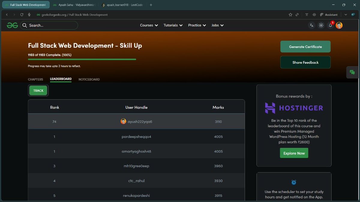 AyushWebDev14's tweet photo. 🎯 Day 90 of #100DaysStreak | #NationSkillup 
@geeksforgeeks !

📖 Learned: Final Project and Optimisation
��� Built: ToDo List with MongoDB
✅ Rank: 74/10500+ students 

📚 Join the challenge here: https://t.co/IcY10x3Yni…

#SkillUpWithGFG #webdevelopment #100DaysOfCode https://t.co/pUcOAAtN3L