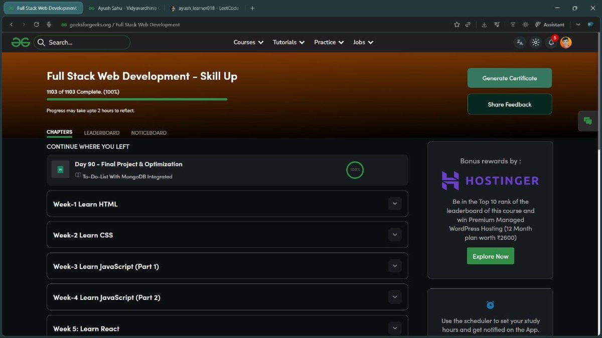 AyushWebDev14's tweet photo. 🎯 Day 90 of #100DaysStreak | #NationSkillup 
@geeksforgeeks !

📖 Learned: Final Project and Optimisation
��� Built: ToDo List with MongoDB
✅ Rank: 74/10500+ students 

📚 Join the challenge here: https://t.co/IcY10x3Yni…

#SkillUpWithGFG #webdevelopment #100DaysOfCode https://t.co/pUcOAAtN3L