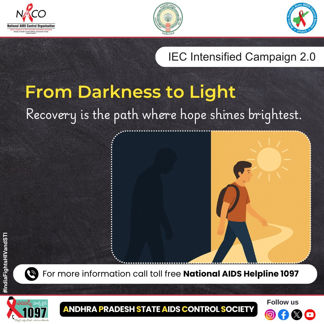 APSACS2020's tweet image. Recovery is the path where hope shines brightest.

#IndiaFightsHIVandSTI

From Darkness to Light

#APSACS #RecoveryMatters #HopeHeals #HIVAware
#EndTheStigma #ProtectYourHealth #GetTested #KnowYourStatus
#HealthyTomorrow #StopSTI #IndiaFightsHIV