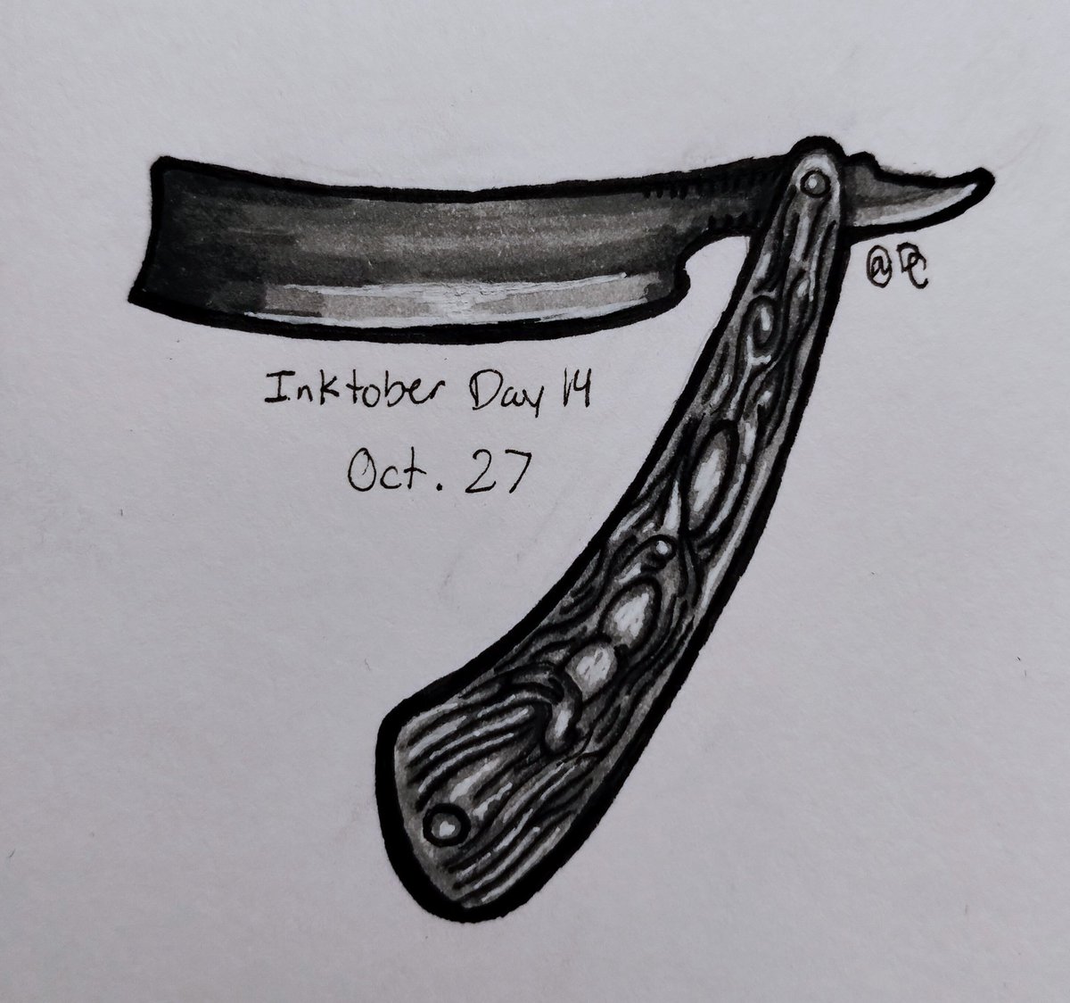 DracaCartoons's tweet photo. Inktober Day 14: Straight Razor. This is reference to the musical &amp; movie, Sweeney Todd - The Demon Barber of Fleet Street. Let me know your ideas down below 👇 

Follow me on Insta &amp; Bluesky 

#dracacartoons #traditionalart #inkdrawing #ink #inktober #inktober2025 #sweeneytodd https://t.co/tCI8RyJU4U