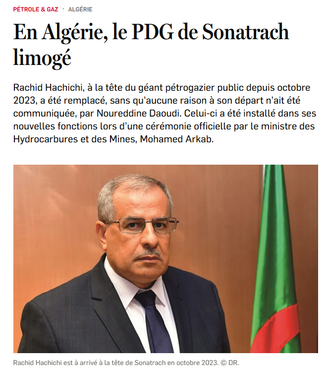 SaraSaidiforyou's tweet photo. BREAKING Le PDG de #Sonatrach, Rachid Hachichi, a été limogé après deux ans sans explication officielle. Il est remplacé par Noureddine Daoudi, ancien responsable d’#Alnaft, un acteur clé du secteur des #Hydrocarbures en Algérie.
@jeune_afrique https://t.co/R0E5EmOdWQ