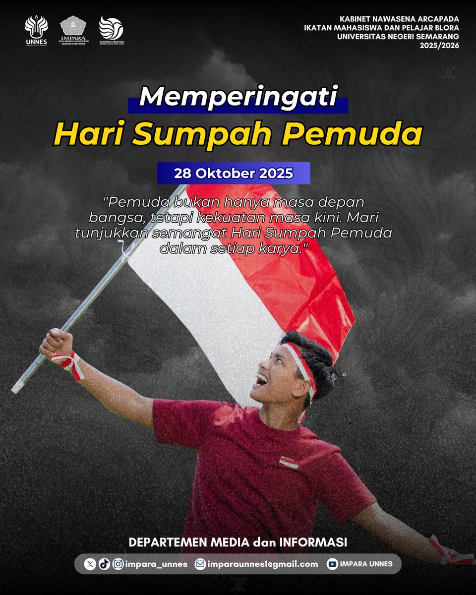 impara_unnes's tweet photo. [MEMPERINGATI HARI SUMPAH PEMUDA]

28 Oktober 2025

Pemuda bukan hanya masa depan bangsa, tetapi kekuatan masa kini yang mampu menggerakkan perubahan.

#NawasenaArcapada
#SumpahPemuda
#HariSumpahPemuda https://t.co/P78it7Ik83