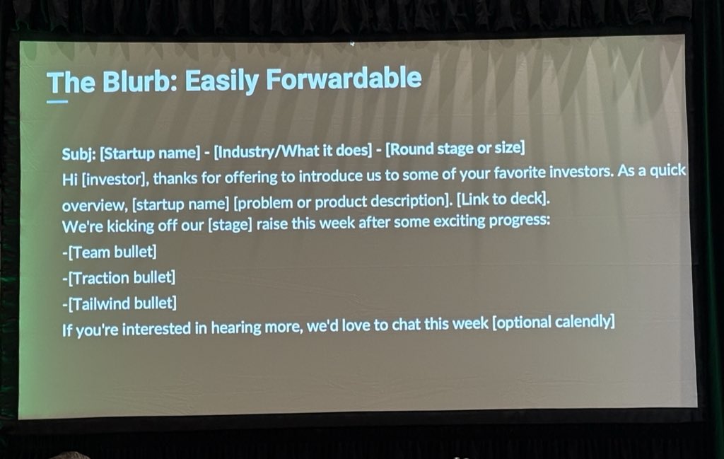 This slide from <a href="/JoshConstine/">Josh Constine 📶🔥</a>'s fundraising workshop is pure gold.
The "forwardable blurb" isn't just a template; it's a strategy.

You're not just asking for an intro, you're arming your champion with the exact text to send. Less friction = more meetings.
#TechCrunchDisrupt2025