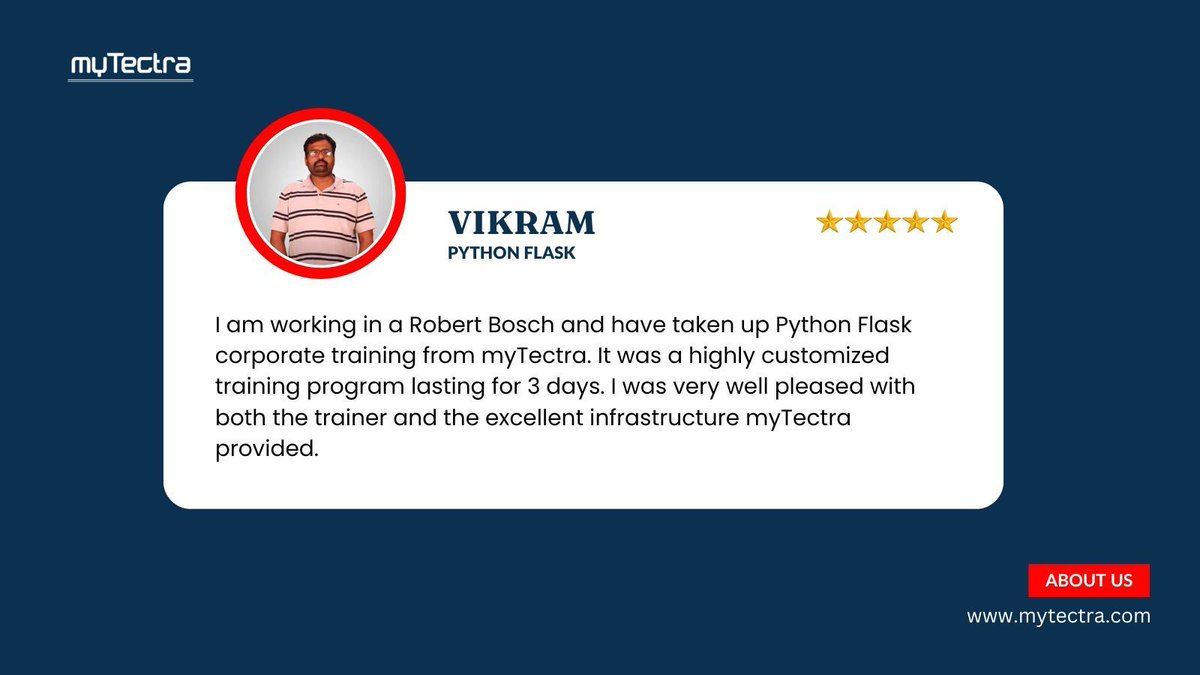 mytectra's tweet image. 🚀 Vikram’s Python Flask Training Review at myTectra — A Practical Learning Experience!

📞 Call Now: +91 8047112411
🌐 Learn More: mytectra.com/flask-api-deve… 

#PythonFlask #FlaskTraining #PythonWebDevelopment #myTectra #mytectrareviews #OnlineLearning #PythonProgramming