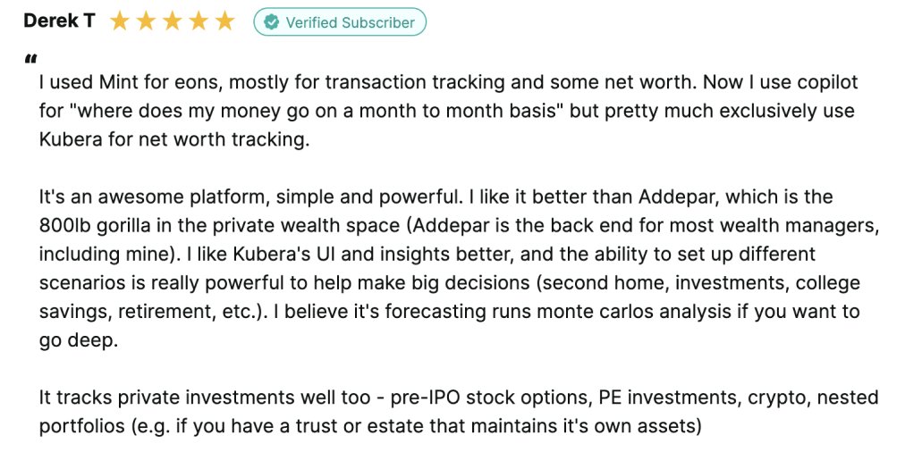 "I like it better than Addepar. I like Kubera's UI and insights better, and the ability to set up different scenarios is really powerful to help make big decisions" reviews.io/company-review…