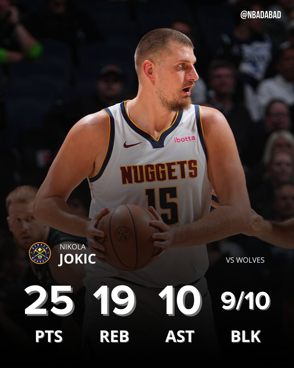 NBAdabad's tweet photo. 🚨 NIKOLA JOKIC FAZ HISTÓRIA DE NOVO:

25 PONTOS
19 REBOTES
10 ASSISTÊNCIAS
9/10 NOS ARREMESSOS
7/7 NOS LANCES LIVRES

O PRIMEIRO JOGADOR COM PELO MENOS 25/15/10 E 90% DE APROVEITAMENTO DESDE...

EU PRECISO DIZER?

WILT CHAMBERLAIN EM 1967! https://t.co/jaYcEHWJnF