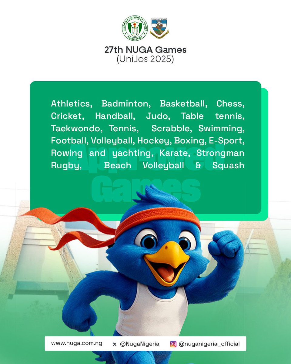 Game on! 🏆🔥
The list is out, 24 officially approved games for the 27th #NUGAUnijos2025! 
From track to chess, football to swimming ,  Jos City is ready for greatness! ⚡

.
#NUGA #UnitePlayInPeace #JosIsReady