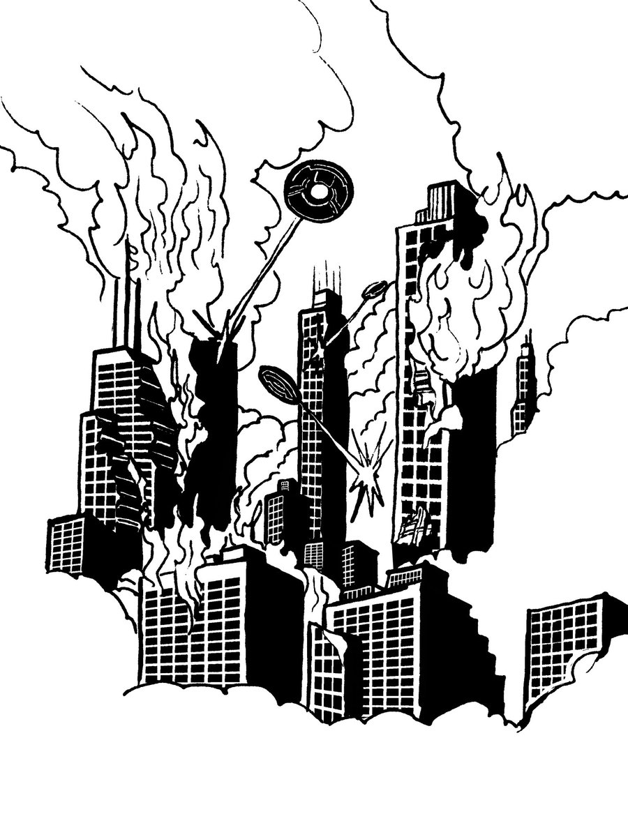 theartofalien's tweet photo. One possible future: cities burning, truth buried, humanity on the edge. Moisés saw it first... in his nightmares. Maybe it’s not just a dream. Maybe it’s a warning. #Inktober2025Inferno #UFO #Disclosure #Dystopia #Apocalypse #Comic #Congress #3IAtlas #Art #Drawing #Inking https://t.co/pJZQE5fqTA