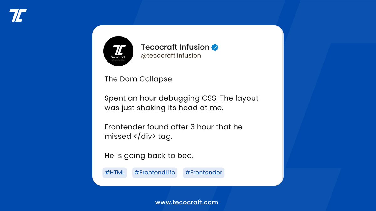 Tecocraft's tweet image. DOM Collapse strikes again!
Even developers miss bugs when the DOM misbehaves. Inspect, debug, repeat! 🔍
#WebDevelopment #frontenddevelopers #debuggingcode #DeveloperCommunity  #CodingLife