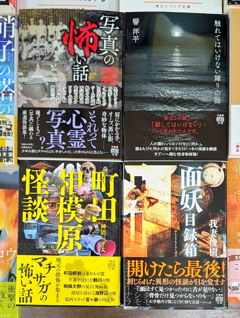 【文庫 #新刊情報 】
今日は #竹書房怪談文庫 の新刊が発売。
「触れてはいけない障りの話」(響洋平)
「町田相模原怪談」(神沼三平太)
「面妖目録箱」(我妻俊樹)
「写真の怖い話」(黒木あるじ/川奈まり子/他)
が発売されました。

※敬称略