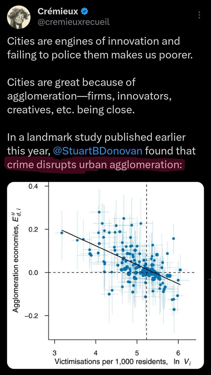Crime does disrupt the operation of one of the biggest benefits of cities: agglomeration effects.

Urban crime is very worth worrying about.

If people cannot or will not raise a family in a city, work and live in a city, relish the city, then we miss out on their potential.