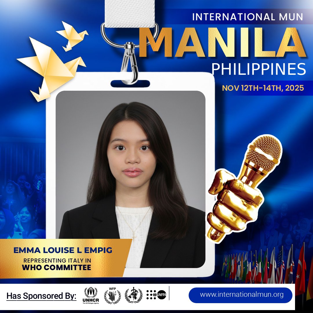 imunofficial's tweet image. 🌍✨ LET YOUR VOICE CROSS BOUNDARIES — MANILA IS CALLING! 🇵🇭🔥
This Nov 12–14, 2025 — 300+ delegates, 50+ nations, 1 global stage! 🌏💬
Speak, lead &amp;amp; inspire where passion meets purpose. 💫
Drop “IMUN” to register now! 🚀
#Manila2025 #SpeakLeadInspire #YouthInAction
