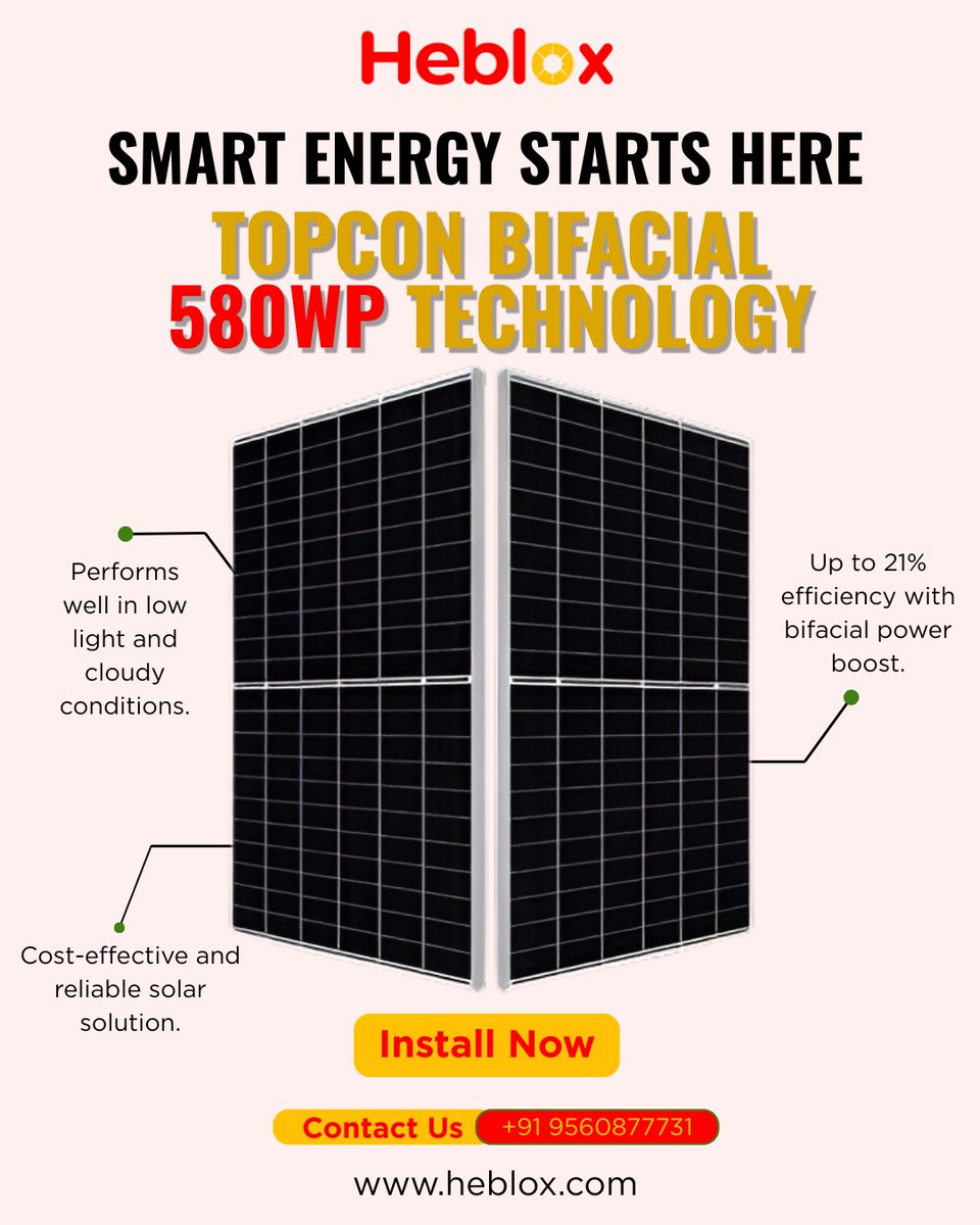 Heblox_'s tweet image. Smarter Energy Starts Here ⚡
Unleash the power of the sun with Heblox Topcon Bifacial 580WP Technology — high efficiency, reliable performance, and built for every condition. Go solar. Go Heblox.

#Heblox #SolarEnergy #TopconTechnology #CleanEnergy #Sustainability #GreenPower