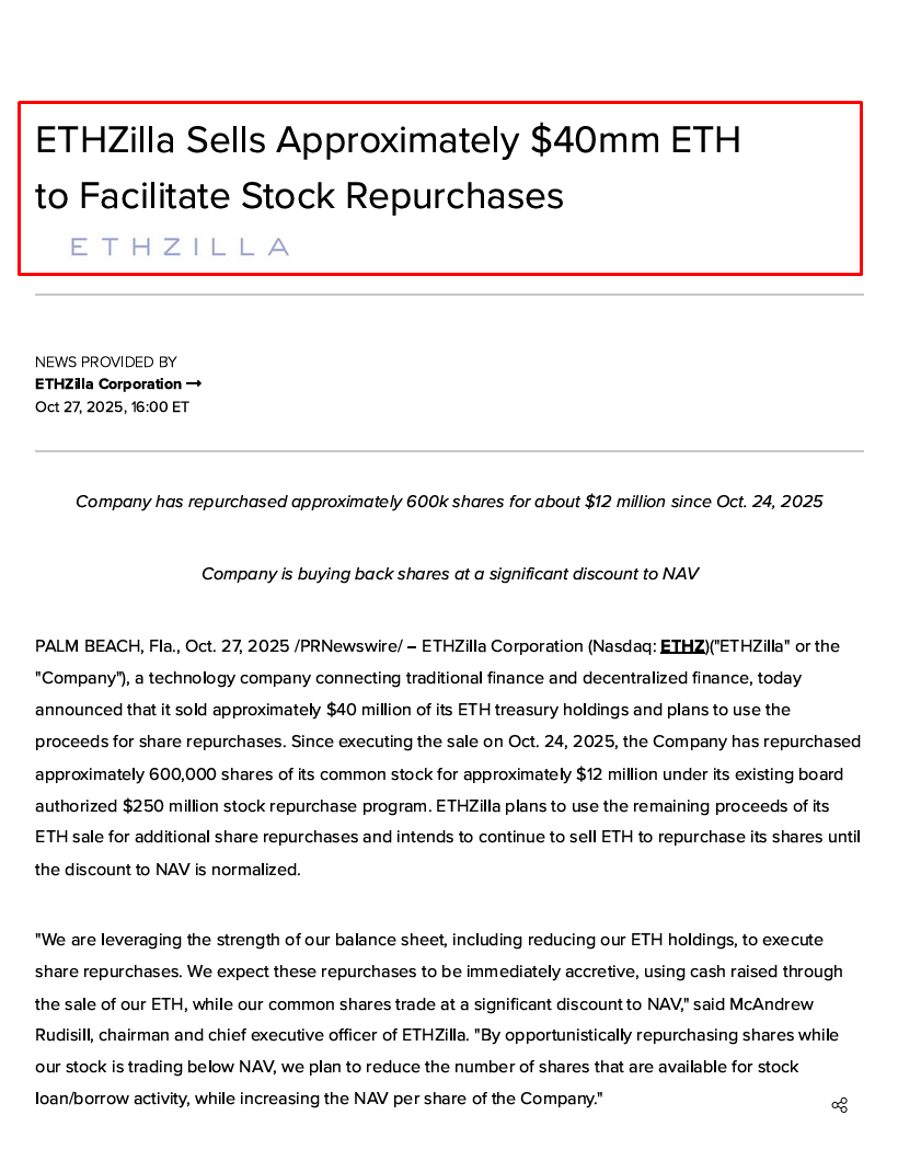 🚨Ether treasury firm ETHZilla (Nasdaq: $ETHZ) has sold ~$40M of $ETH from  its treasury and repurchased ~600k shares for ~$12M under its $250M buyback  program.