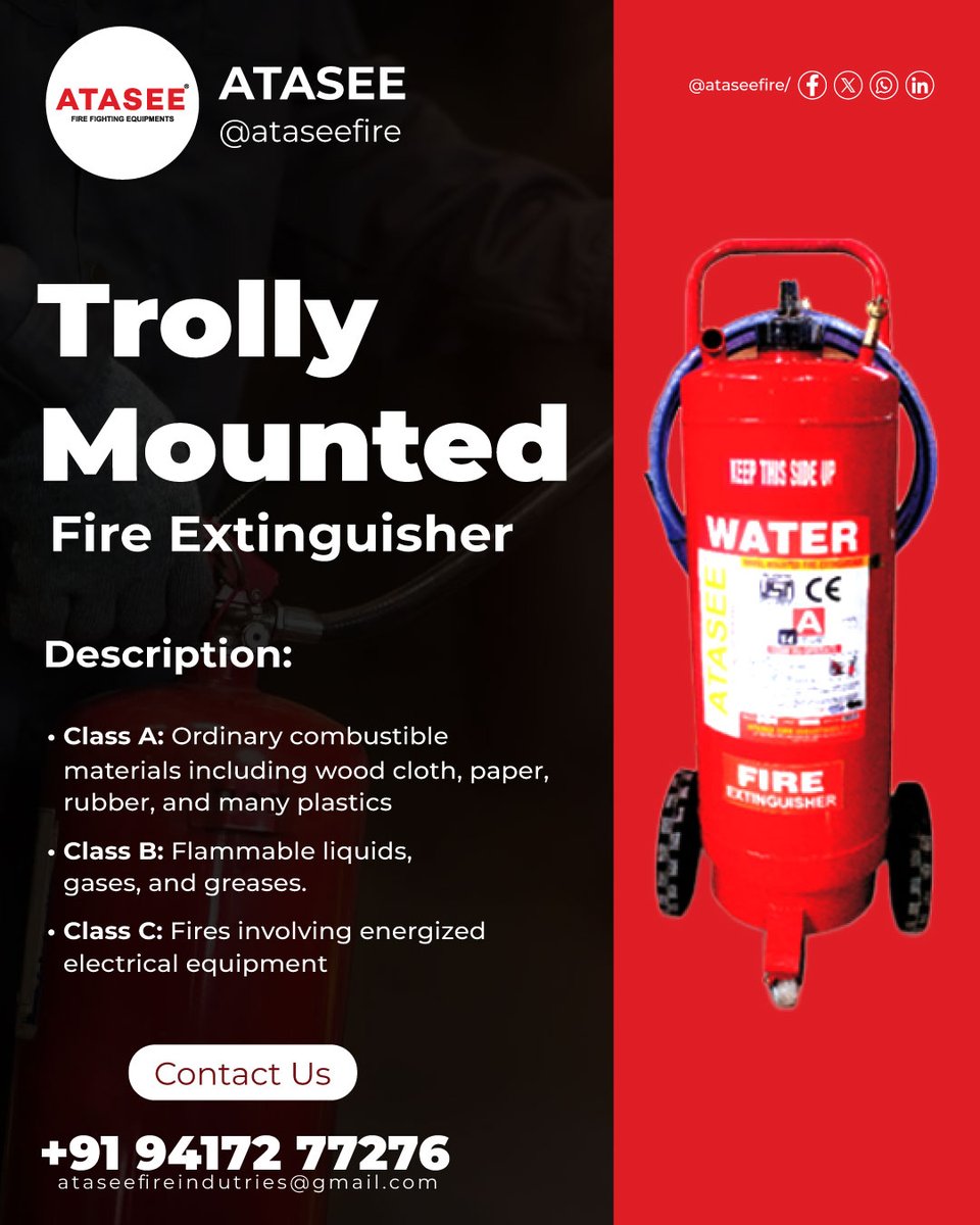 atassefire's tweet image. Power on wheels, safety in motion — the Trolley Mounted Fire Extinguisher is ready when every second counts!

#firesolutions #firesafetyfirst #industrialprotection