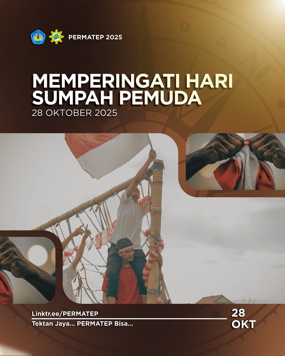 PERMATEPUNILA's tweet photo. [ REMINDER ]
•
•
28 Oktober, Hari Sumpah Pemuda 🇲🇨
Mari kobarkan semangat persatuan, kreativitas, dan kolaborasi untuk membangun negeri. 
•
Instagram: @permatepunila
Tiktok: permatep
Youtube: PERMATEP unila
Whatsap: PERMATEP
•
#Tektanjaya
#PERMATEPbisa
#PERMATEP2025 https://t.co/zFey25VDeR