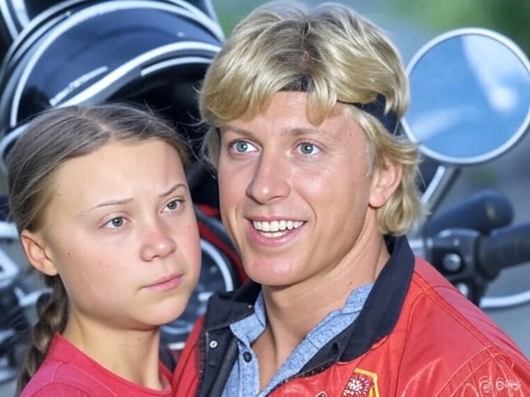 Young me thinking about muscle cars and motorcycles..Greta thinking about Global Warming.

Also me thinking about doing a burnout on her Pride Palestine flag.