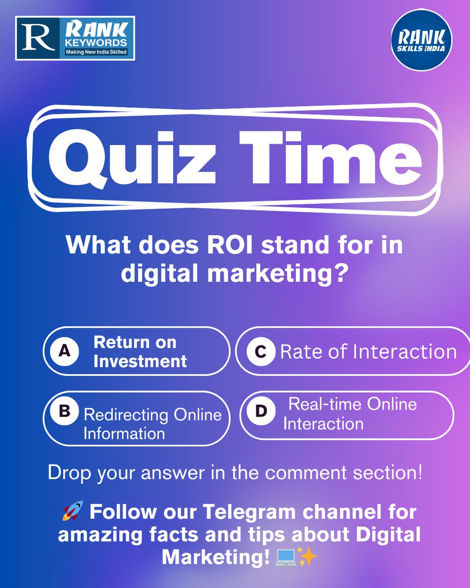 rank_group96838's tweet image. 🎯 Digital Marketing Quiz Time!

💬 Comment your answer below and see who gets it right first! 🏆

📢 Join our Telegram Channel!
Get daily amazing facts, tips, and updates about Digital Marketing 🚀

#RankKeywords #QuizTime #DigitalMarketing