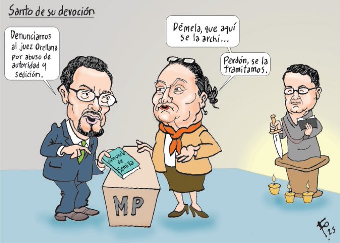 Cartoon illustration shows three caricature figures in a room. Left figure is a man in suit with goatee, glasses, holding book labeled something, gesturing with hand, speech bubble says something about impunity for abuse and subscription. Center figure is older woman with glasses, orange scarf, skirt, standing with hands on hips, speech bubble says she is the boss. Right figure is man in gray suit with glasses, holding knife in one hand and phone in other, speech bubble mentions transfers. Table with MP label and small candles on floor. Signed Fo at bottom.