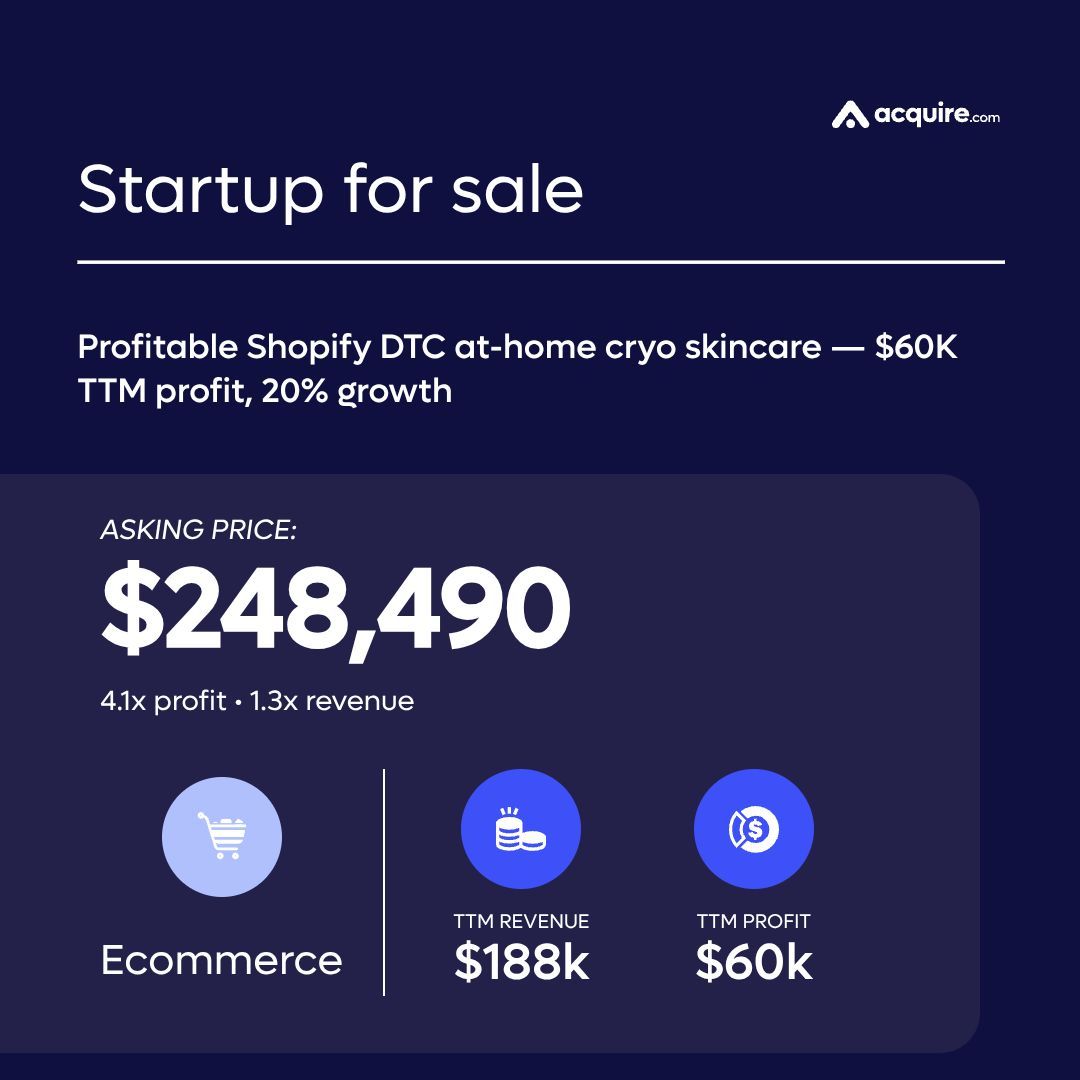 Formerly MicroAcquire (now acquire.com) (@microacquire) on Twitter photo π₯ New Startup Listed π₯ eCommerce | Profitable Shopify DTC at-home cryo skincare β $60K TTM profit, 20% growth | $188k TTM revenue 
Asking Price: $248.5k
Contact the seller here: buff.ly/eqeTVac π₯ New Startup Listed π₯ eCommerce | Profitable Shopify DTC at-home cryo skincare β $60K TTM profit, 20% growth | $188k TTM revenue 
Asking Price: $248.5k
Contact the seller here: buff.ly/eqeTVac
