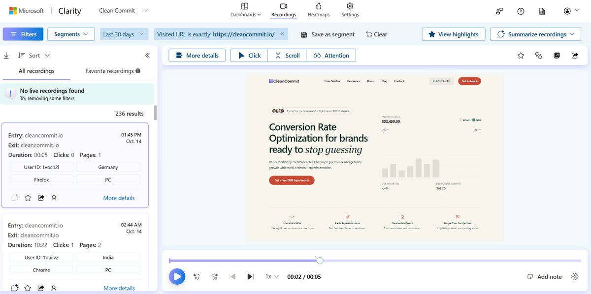 cleancommit's tweet image. I made a client $65k from session recordings with these 6 steps.
Step 1 - Install Microsoft Clarity (free)
Step 2 - Watch ~20 session recordings from visitors who didn't buy
Step 3 - Assume something got in the customer's way
Step 4 - Build a list of guesses for each…