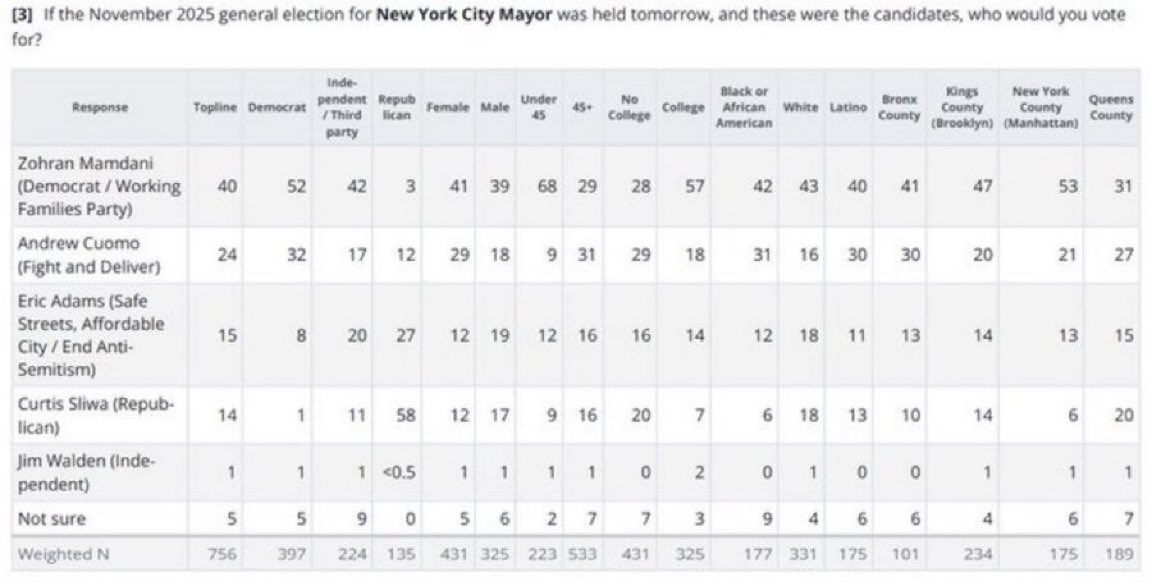 Zohran Mamdani isn’t “sticking it to the elites.” The elites are the ones putting him in power.

He’s polling over 50% with college grads—and in the 20s with non-college grads.

He doesn’t represent the working class, he represents indoctrinated Marxist rich kids.