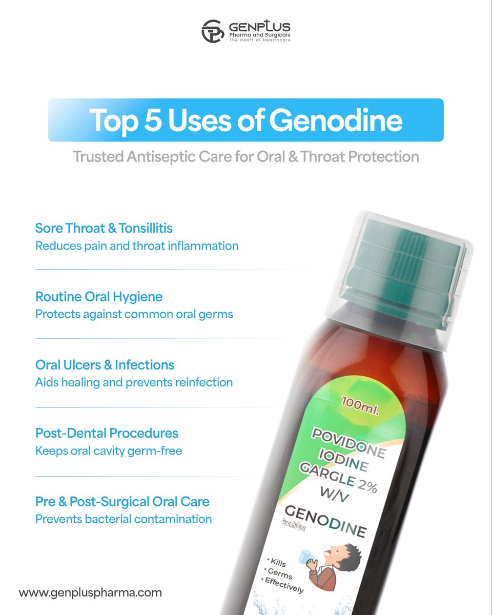 Genpluspharma's tweet photo. 💧 Genodine Gargle 2% – trusted antiseptic protection.
✅ Fights oral &amp; throat infections
✅ Doctor-trusted &amp; broad-spectrum

📦 Franchise &amp; PCD tie-ups open.
#Genodine #PovidoneIodine #ThroatRelief #GenplusPharma #PharmaFranchise https://t.co/MPH1eMoqMP