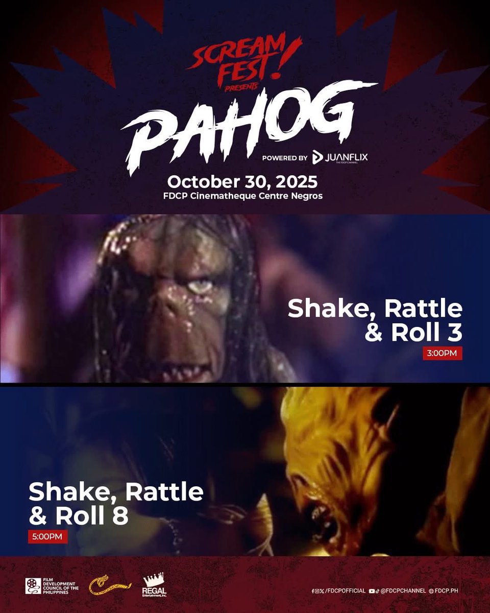 RegalFilms's tweet image. 🫣LOOK BEHIND YOU — SCREAMFEST! 2025 IS COMING YOUR WAY👻😱

Get ready for a fright-filled night at ScreamFest! 2025, powered by JuanFlix!

#FDCP #MovieOn #PhilippineCinema #JuanFlix #Pahog2025 #SineSindak2025 #Cinematheques #Intramuros