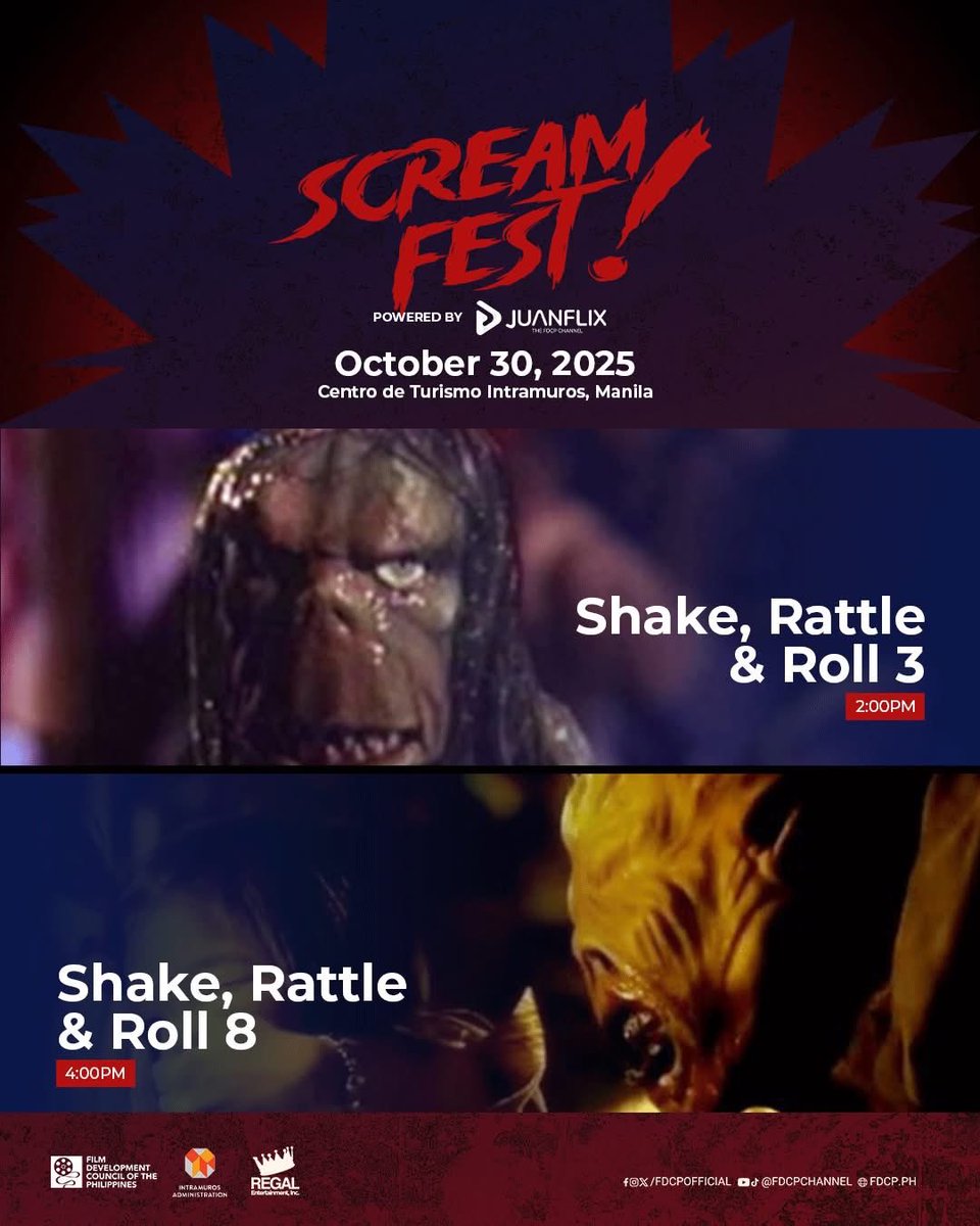 RegalFilms's tweet image. 🫣LOOK BEHIND YOU — SCREAMFEST! 2025 IS COMING YOUR WAY👻😱

Get ready for a fright-filled night at ScreamFest! 2025, powered by JuanFlix!

#FDCP #MovieOn #PhilippineCinema #JuanFlix #Pahog2025 #SineSindak2025 #Cinematheques #Intramuros