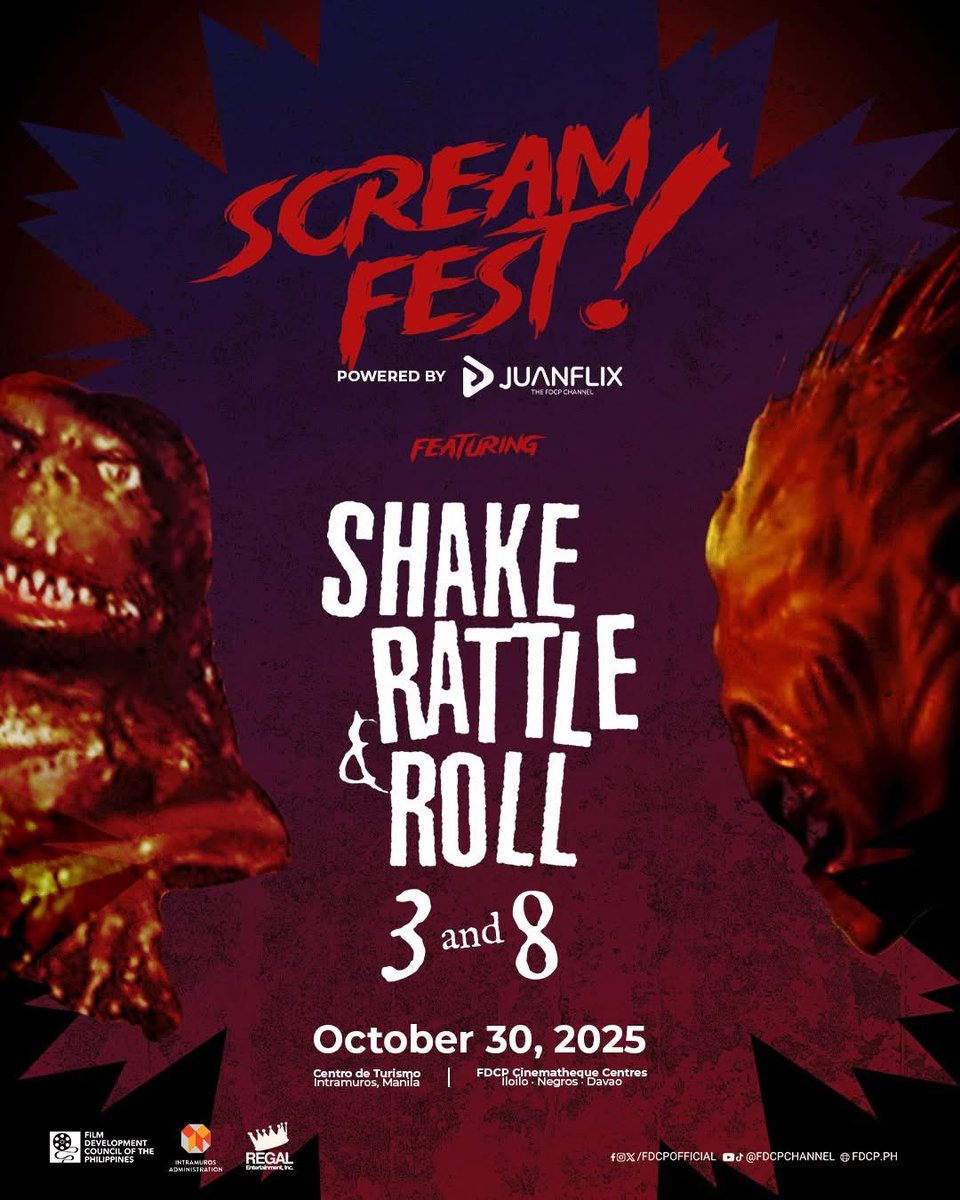 RegalFilms's tweet image. 🫣LOOK BEHIND YOU — SCREAMFEST! 2025 IS COMING YOUR WAY👻😱

Get ready for a fright-filled night at ScreamFest! 2025, powered by JuanFlix!

#FDCP #MovieOn #PhilippineCinema #JuanFlix #Pahog2025 #SineSindak2025 #Cinematheques #Intramuros