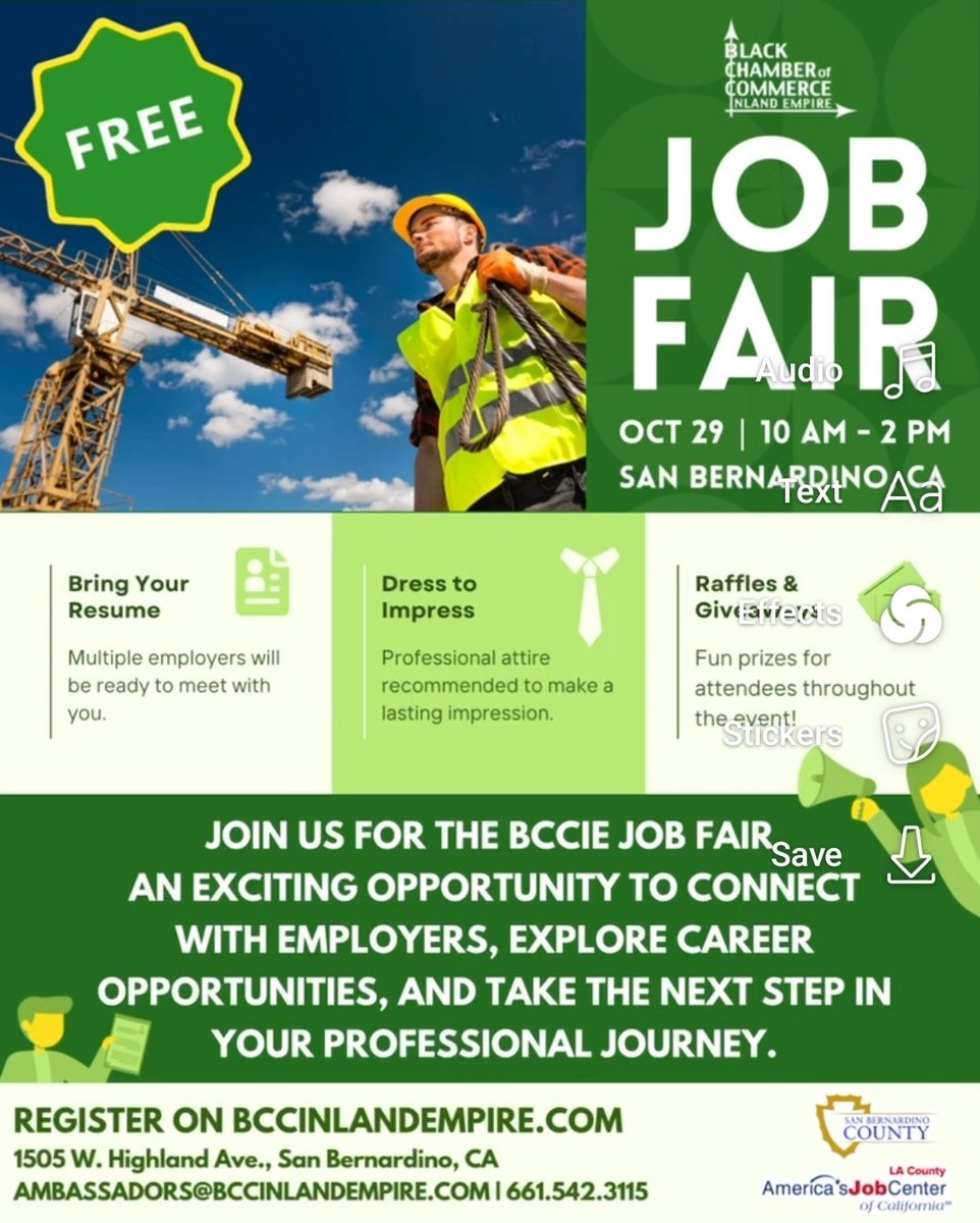 BrotaProduction's tweet photo. FREE Job Fair — Oct 29 | 10AM–2PM | San Bernardino, CA. Meet employers, bring your resume, dress to impress. Raffles &amp; giveaways. Register: https://t.co/2yo1VsKOcQ Questions: ambassadors@bccinlandempire.com | 661‑542‑3115 #BCCIEJobFair #Hiring https://t.co/rp9EpzQTxU