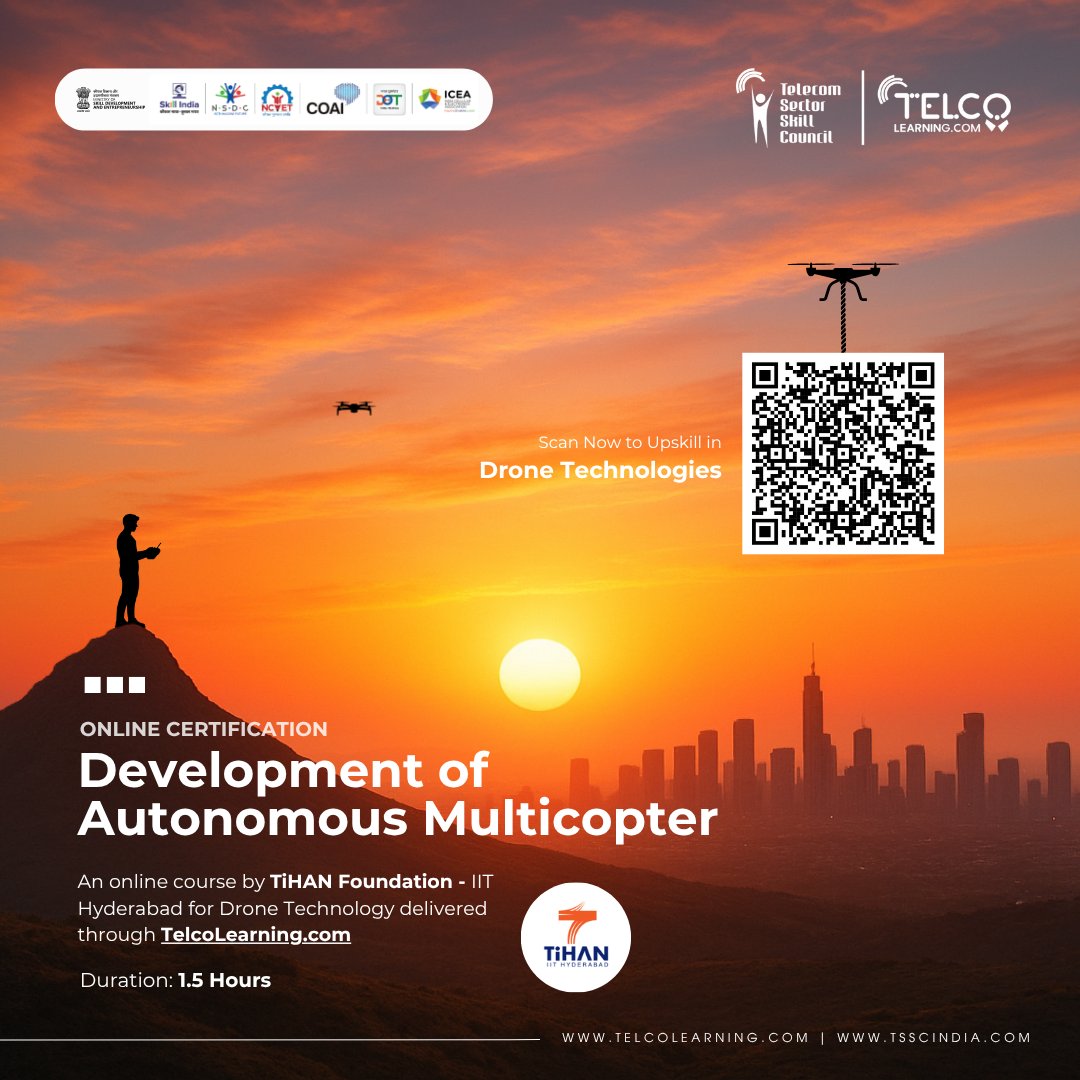 TSSCINDIA's tweet photo. Learn to design, control, and fly autonomous multicopters with TiHAN Foundation – IIT Hyderabad’s hands-on course.
Enroll now: https://t.co/AP2W8j2FAi
@IitTihan
#dronelearning #telecomtraining #multicopter #aerialtech #telcolearning https://t.co/b30TUxmNpz
