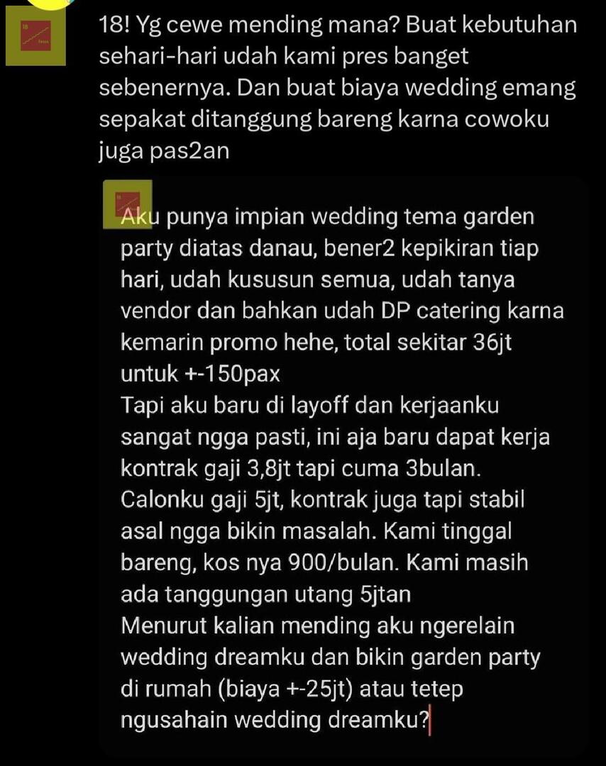 18fesss's tweet photo. 18! living together itu cara hemat karna uang kami campur, bayar 2dapur lebih berat dari kontrak ber2,kami jga udh pnya perabot (kulkas, kasur dll) jd afternya ga dri 0. Pinjeman krn abis ambil motor. Rencana acara masih Agustus, tapi kayanya harus cari side hustle si https://t.co/iQuIZwpjTR
